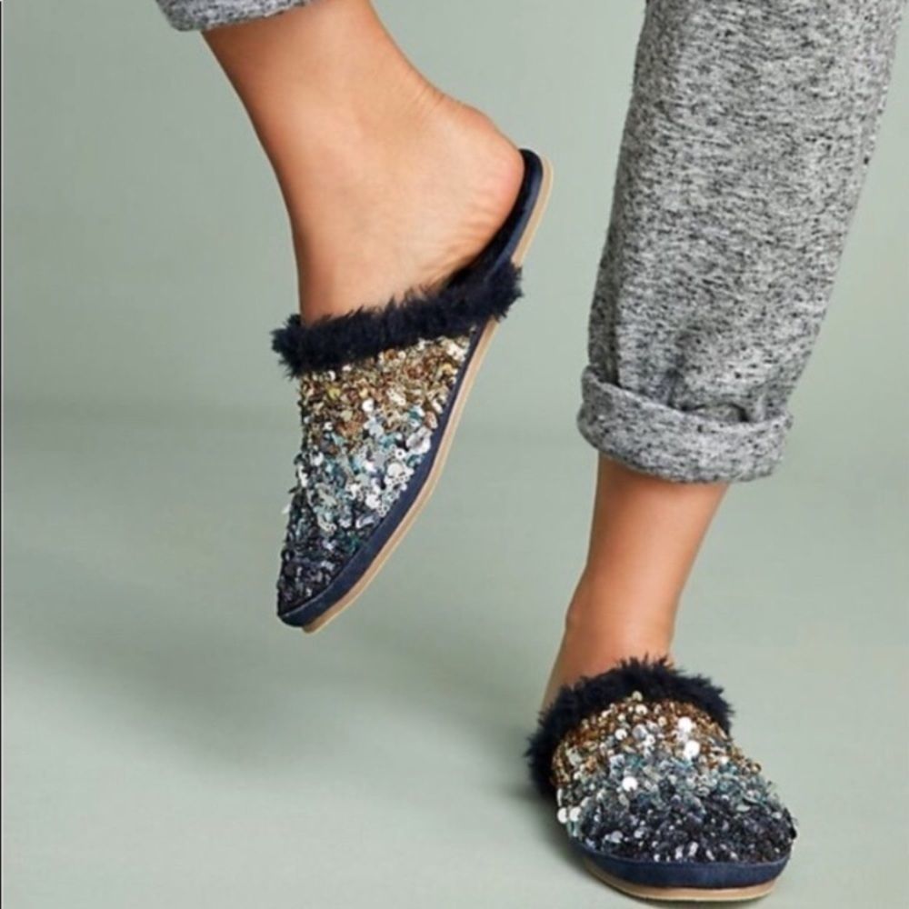 Far Away from Close x Anthropologie Blue & Gold Sequined Mule Slippers Women’s 7 - Picture 2 of 9